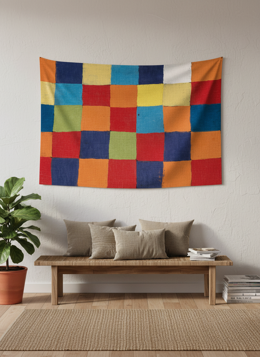Canlı renklerde, el yapımı hissi veren kareli patchwork desenli duvar örtüsü, beyaz duvarda asılı.