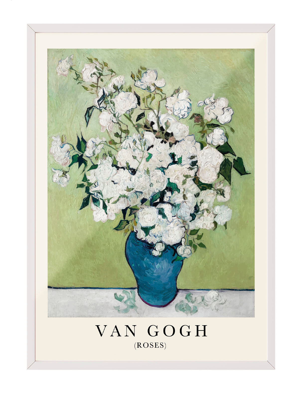 Van Gogh'un beyaz güller ve yeşil arka planlı, mavi vazoda çiçek tablosu posteri
