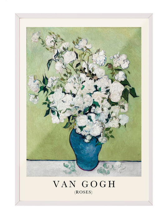 Van Gogh'un beyaz güller ve yeşil arka planlı, mavi vazoda çiçek tablosu posteri