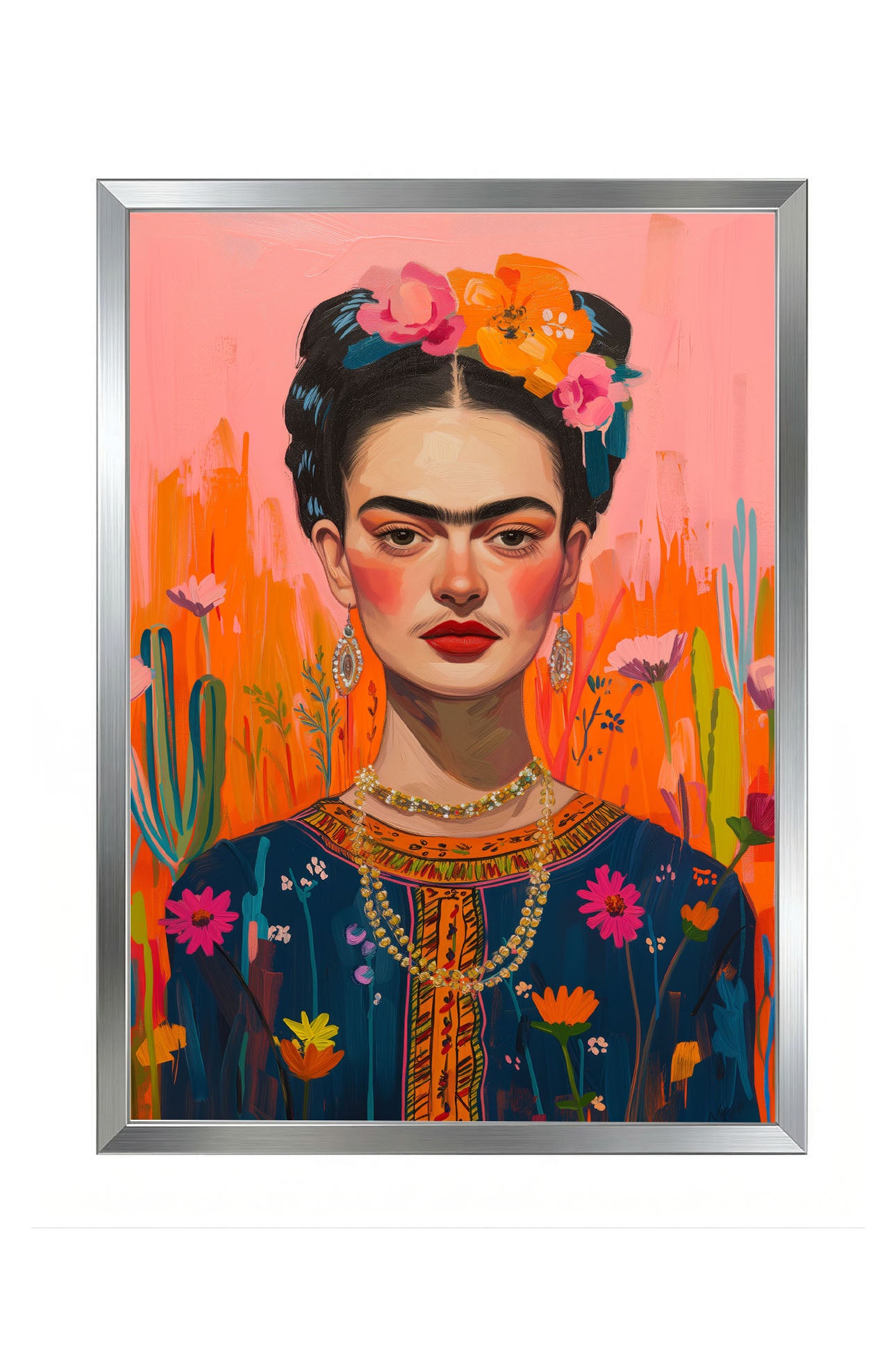 Modern Frida Kahlo portresi, renkli çiçekler ve turuncu pembe arka plan ile siyah çerçeveli tablo