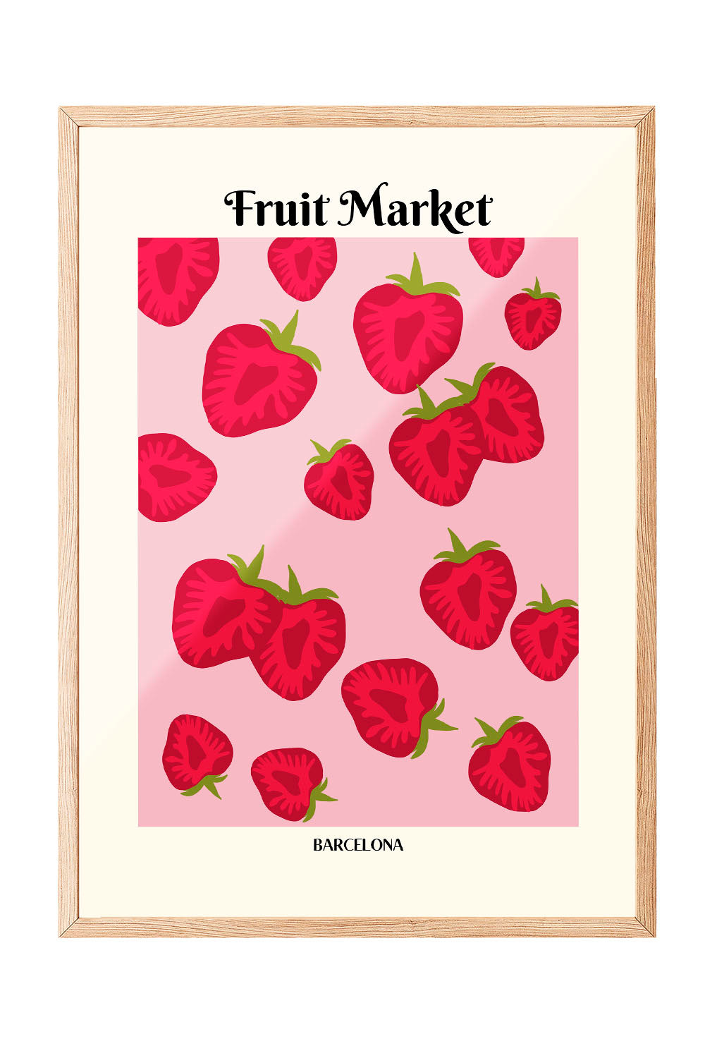 Çerçeveli pembe zeminli, kırmızı çilek desenli 'Fruit Market Barcelona' posteri
