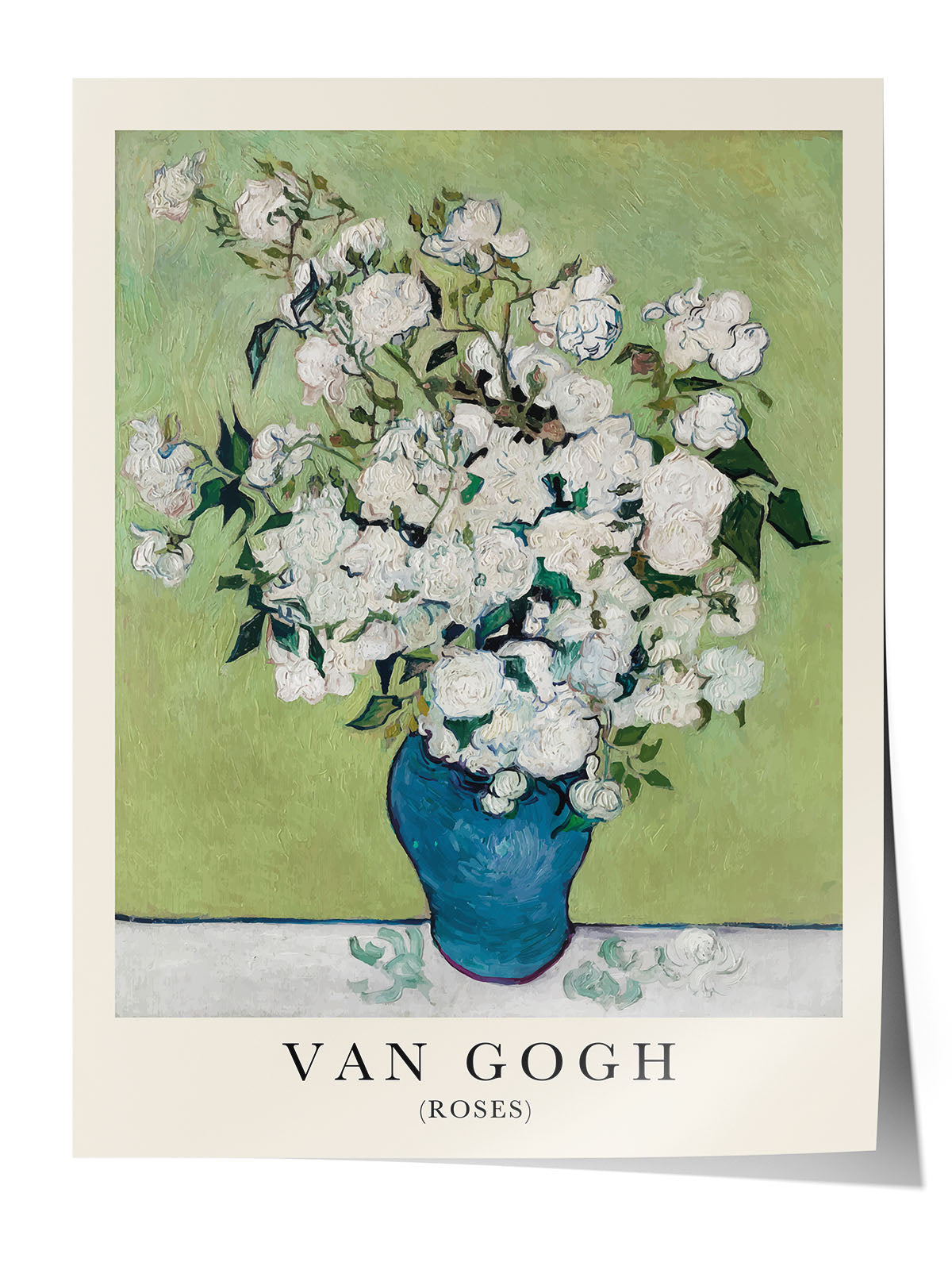 Van Gogh'un beyaz güller ve yeşil arka planlı, mavi vazoda çiçek tablosu posteri