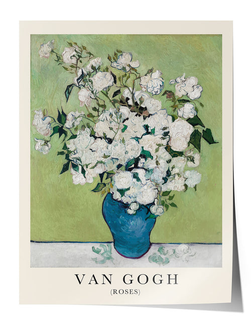 Van Gogh'un beyaz güller ve yeşil arka planlı, mavi vazoda çiçek tablosu posteri