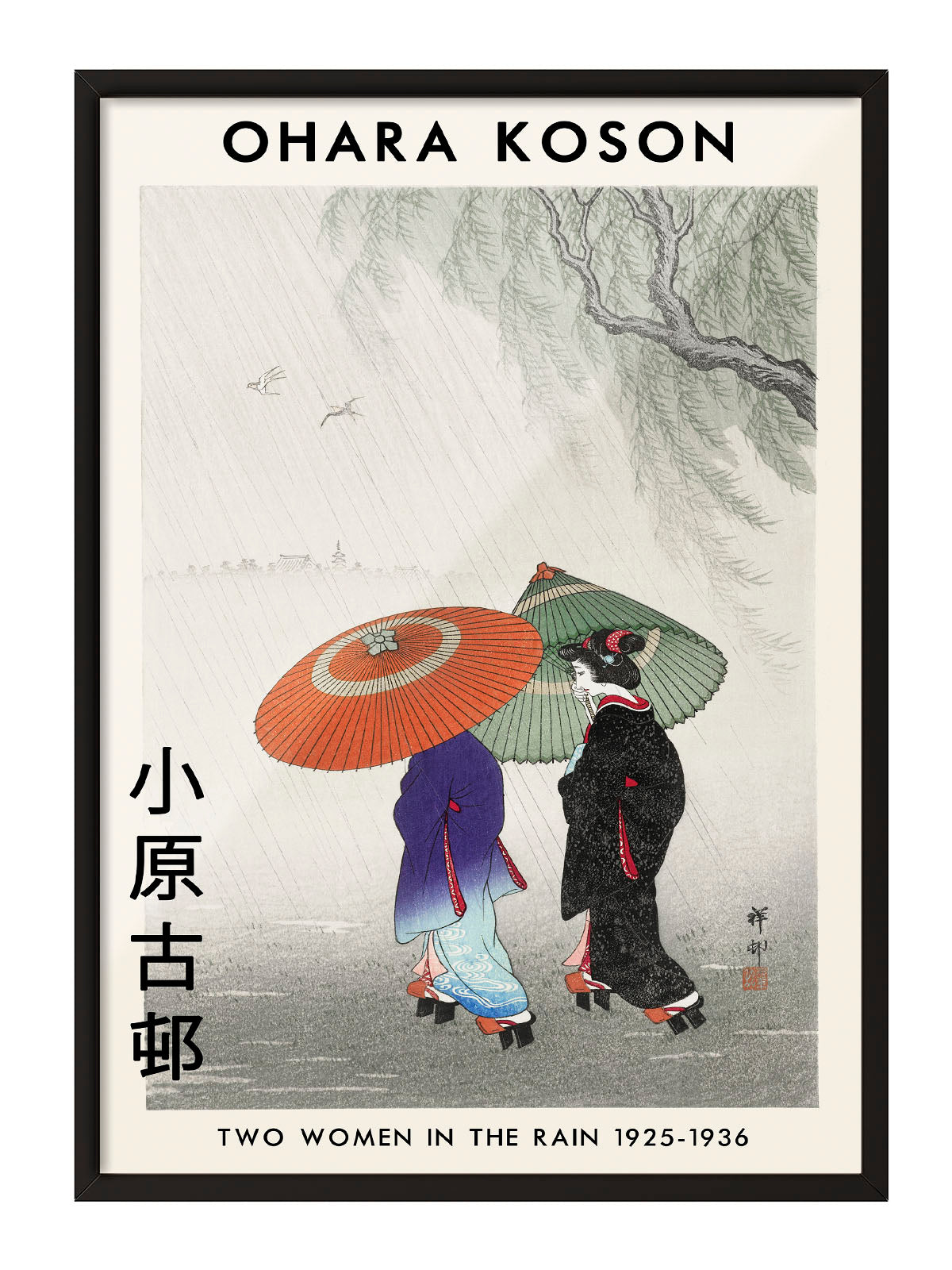 Ohara Koson'un 'Yağmurda İki Kadın' adlı, geleneksel Japon Ukiyo-e tarzı sanat posteri.