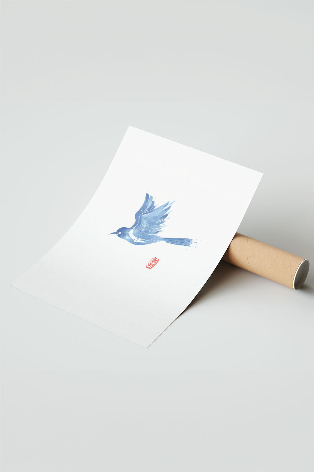 Mavi suluboya tarzı uçan kuş desenli, minimalist siyah çerçeveli modern tablo
