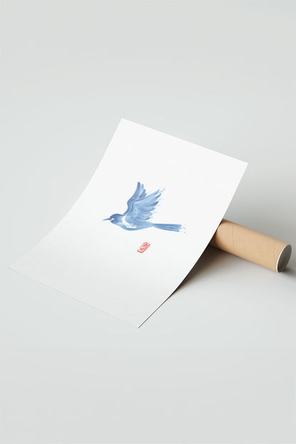 Mavi suluboya tarzı uçan kuş desenli, minimalist siyah çerçeveli modern tablo