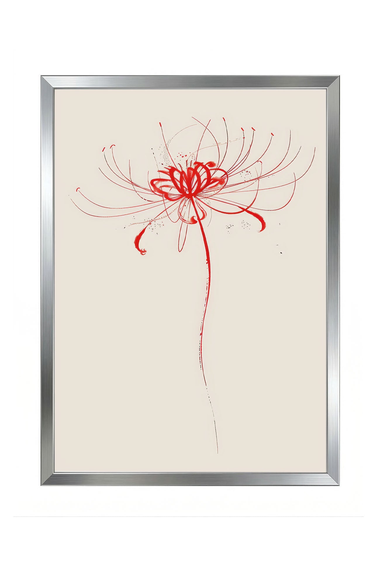 Siyah çerçeveli, açık bej zemin üzerinde soyut kırmızı fırça darbeleriyle çizilmiş minimalist çiçek posteri