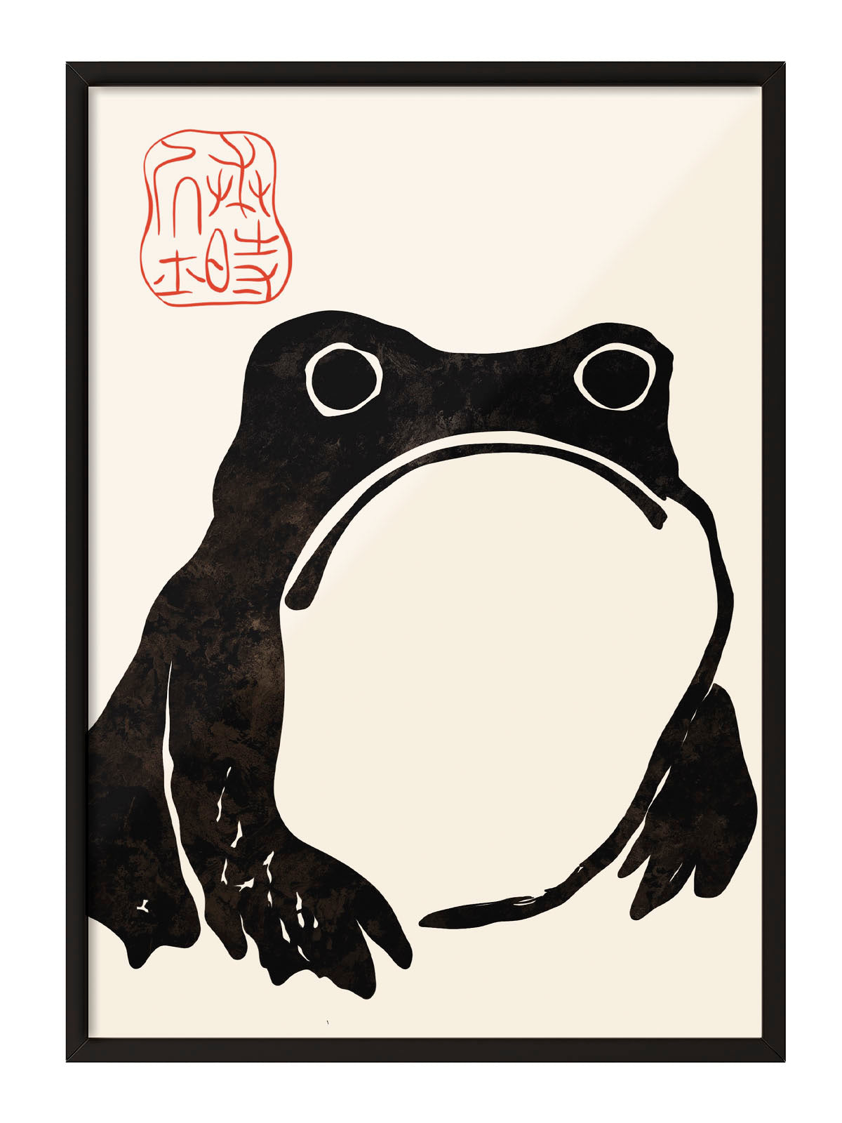 Krem rengi arka planda, dokulu siyah minimalist Japon kurbağa silüeti ve kırmızı mühürlü duvar posteri.