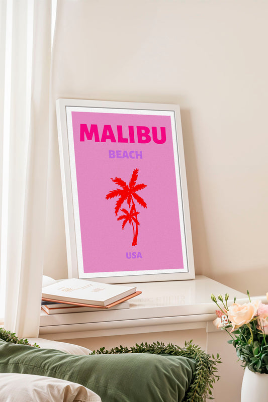 Malibu Beach Pink Retro Palm Tree Poster