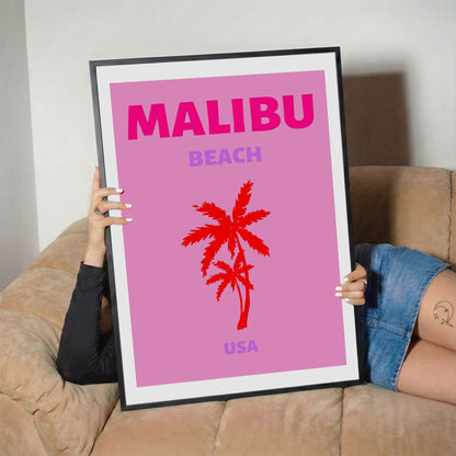Malibu Beach Pink Retro Palm Tree Poster