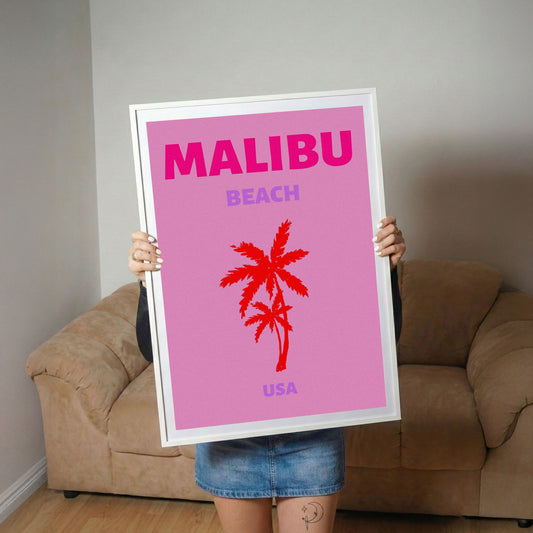 Malibu Beach Pink Retro Palm Tree Poster