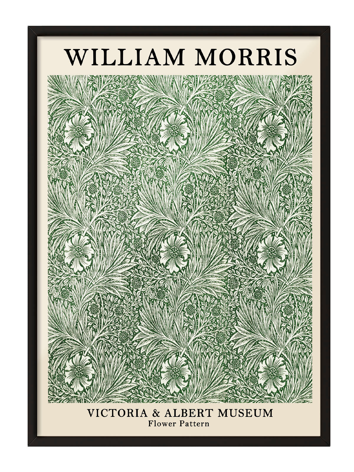 William Morris'in Victoria & Albert Müzesi'nden ilham alan, yeşil ve krem tonlarında detaylı çiçek desenli vintage poster.