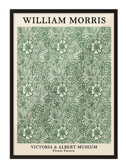 William Morris'in Victoria & Albert Müzesi'nden ilham alan, yeşil ve krem tonlarında detaylı çiçek desenli vintage poster.