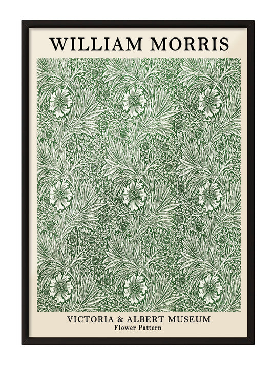 William Morris'in Victoria & Albert Müzesi'nden ilham alan, yeşil ve krem tonlarında detaylı çiçek desenli vintage poster.