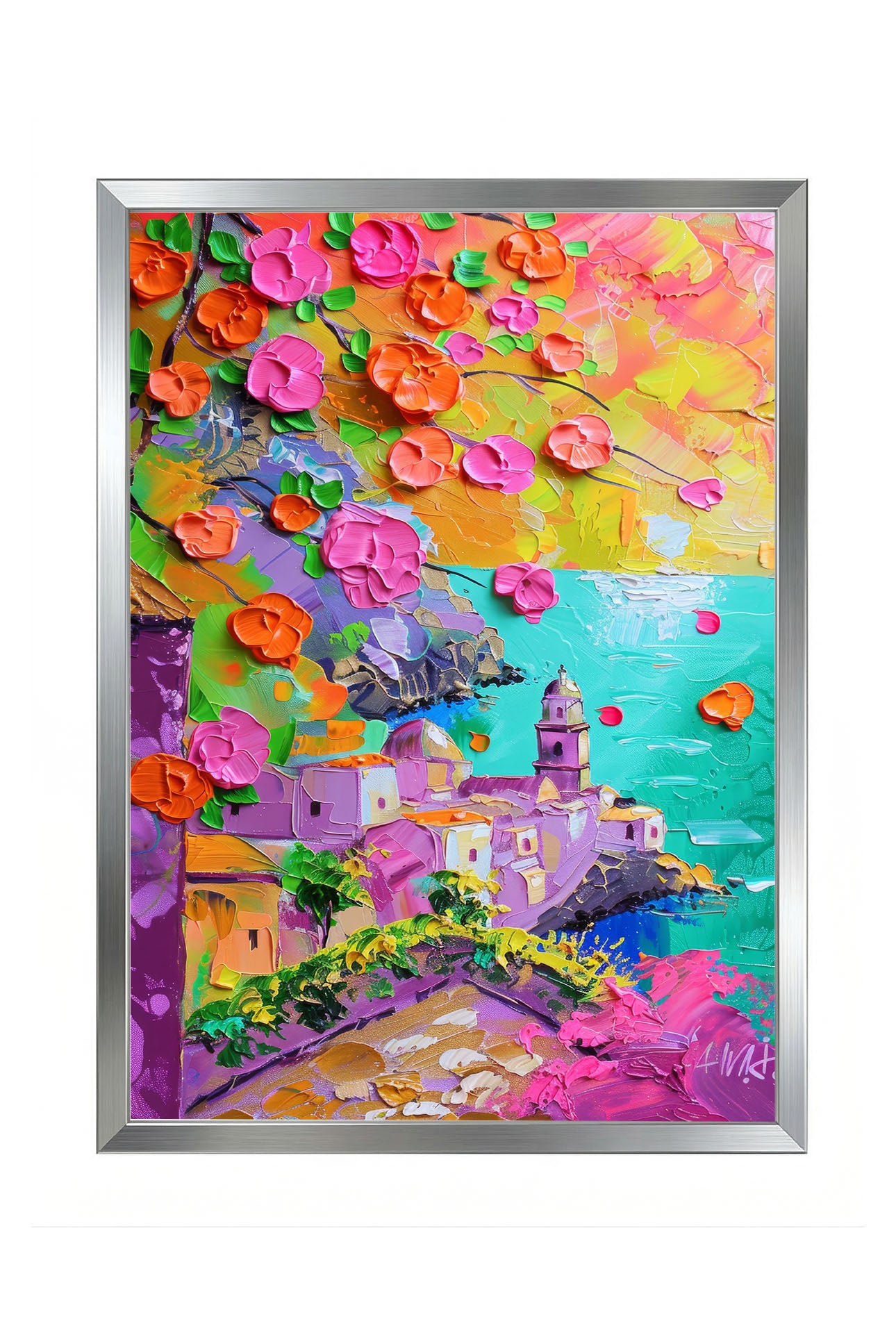 Dokulu fırça darbeleriyle yapılmış, pembe ve turuncu çiçeklerin ön planda olduğu, Akdeniz kasabası ve deniz manzaralı modern çerçeveli tablo.
