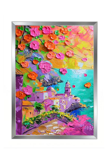 Dokulu fırça darbeleriyle yapılmış, pembe ve turuncu çiçeklerin ön planda olduğu, Akdeniz kasabası ve deniz manzaralı modern çerçeveli tablo.