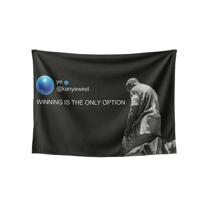 Kanye West siyah duvar örtüsü, 'Winning is the only option' tweeti ve diz çöken adam.