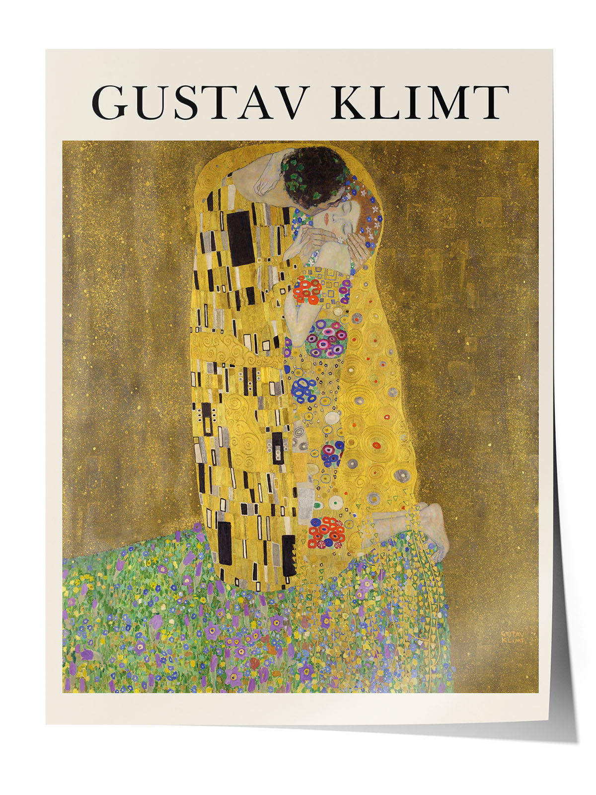 Gustav Klimt'in "Öpücük" tablosunun altın ve renkli detaylarla dolu, romantik Art Nouveau tarzı duvar posteri