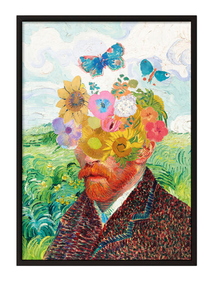 Van Gogh'un çiçek ve kelebeklerle süslenmiş, impressionist tarzda, canlı renkli portre posteri.