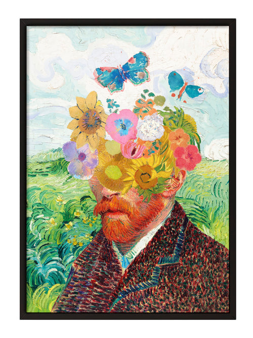Van Gogh'un çiçek ve kelebeklerle süslenmiş, impressionist tarzda, canlı renkli portre posteri.