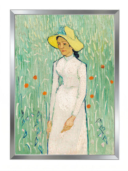 Siyah çerçeveli, Van Gogh'un Hasır Şapkalı Kadın tablosunu gösteren, yeşil ve sarı tonlarında sanatsal portre posteri.