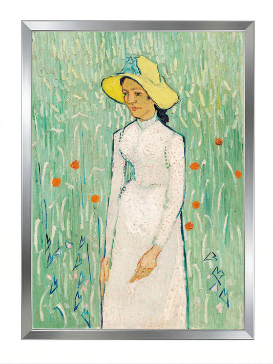 Siyah çerçeveli, Van Gogh'un Hasır Şapkalı Kadın tablosunu gösteren, yeşil ve sarı tonlarında sanatsal portre posteri.