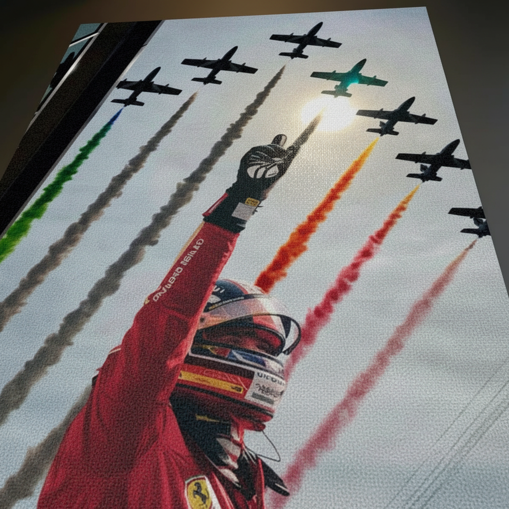 F1 pilotu Charles Leclerc'in zafer anı, İtalyan bayrağı renklerinde duman bırakan akrobasi uçakları eşliğinde kanvas tablo.