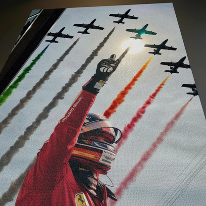 F1 pilotu Charles Leclerc'in zafer anı, İtalyan bayrağı renklerinde duman bırakan akrobasi uçakları eşliğinde kanvas tablo.