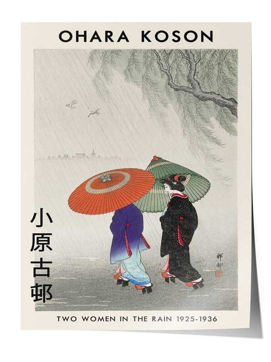 Ohara Koson'un 'Yağmurda İki Kadın' adlı, geleneksel Japon Ukiyo-e tarzı sanat posteri.