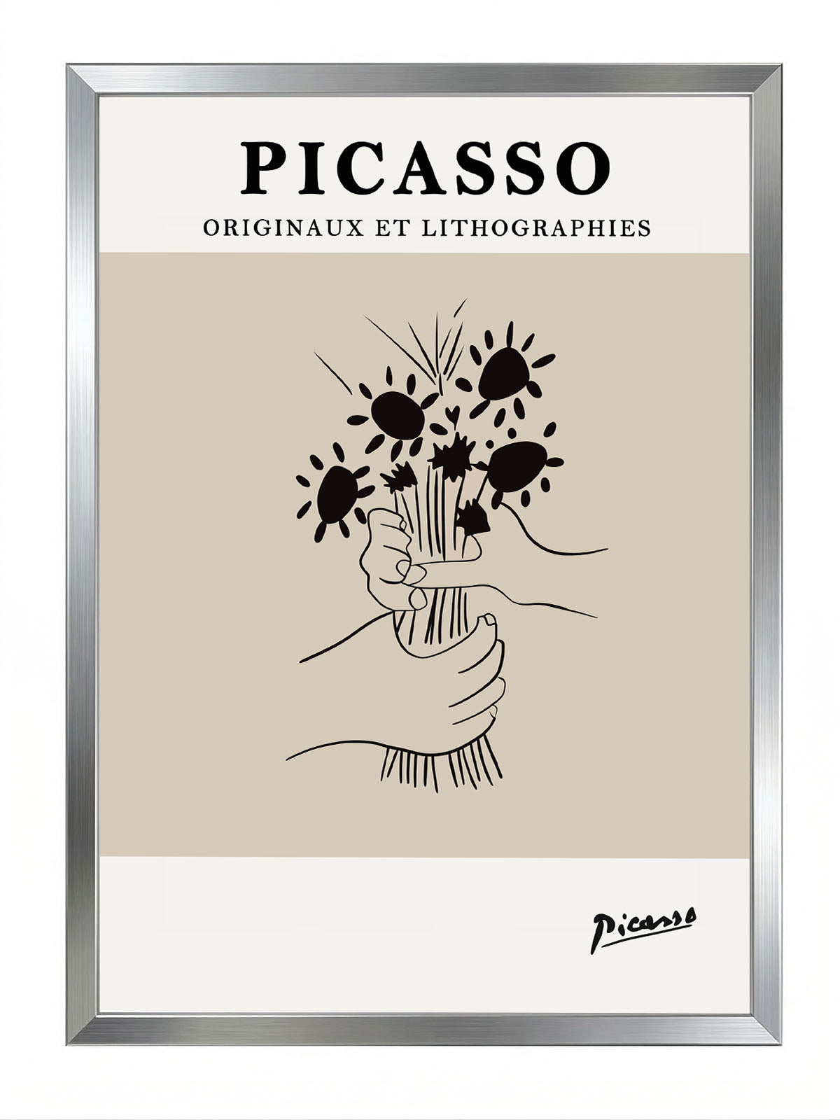 Picasso'nun minimalist çizim stilinde, ellerinde çiçek buketi tutan figürlü bej tonlarında sanatsal poster.