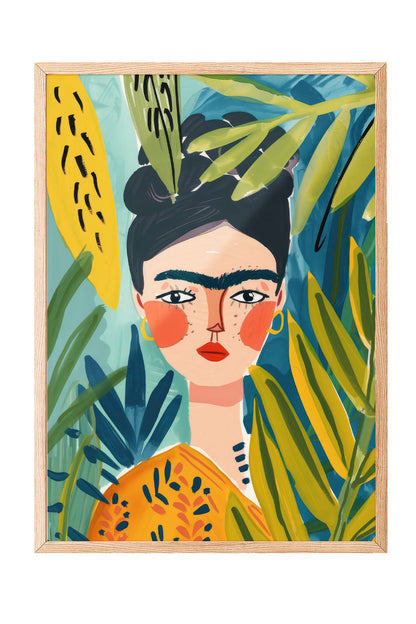 Frida Kahlo tarzı, tropikal yapraklı, renkli kadın portre çerçeveli tablo
