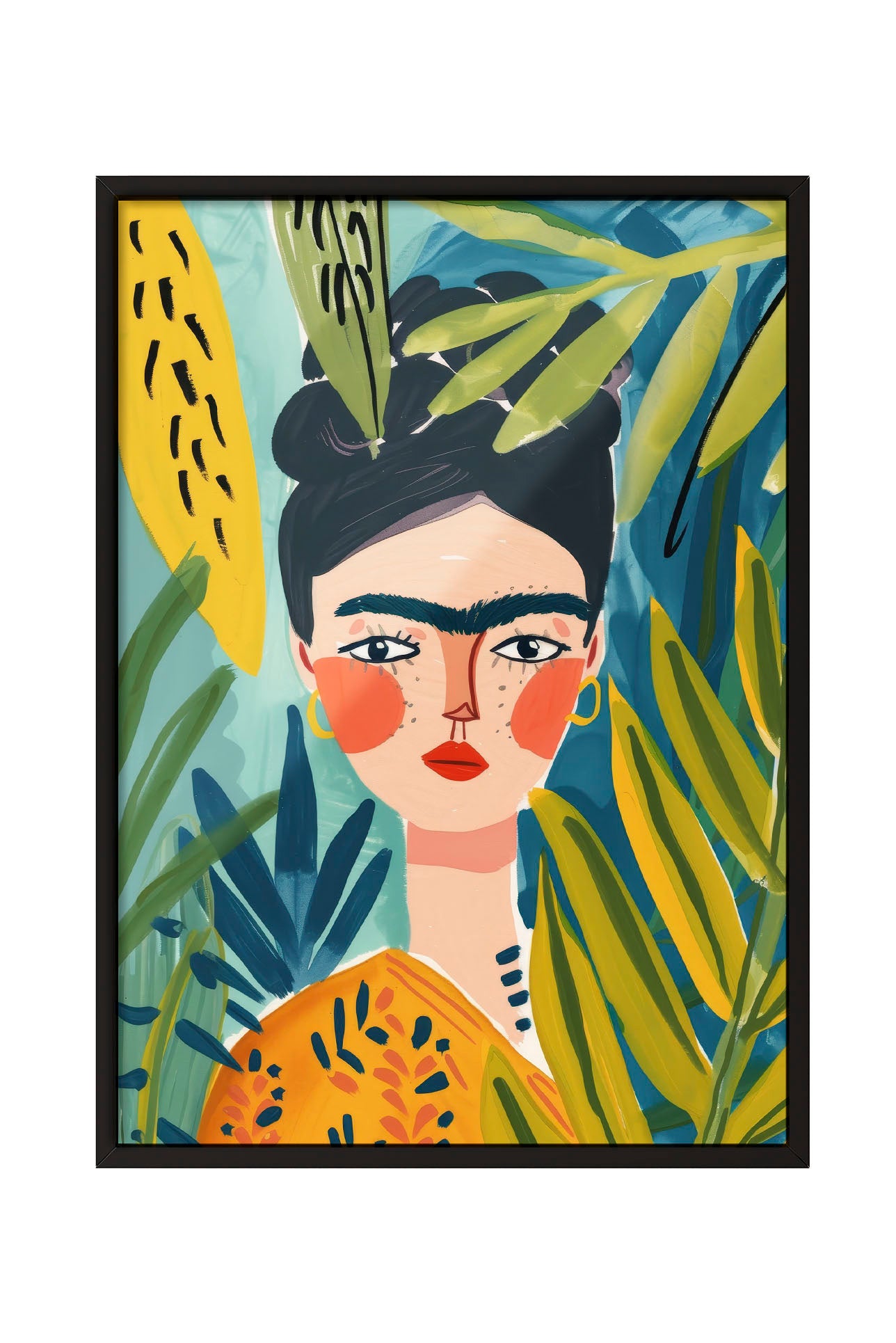 Frida Kahlo tarzı, tropikal yapraklı, renkli kadın portre çerçeveli tablo