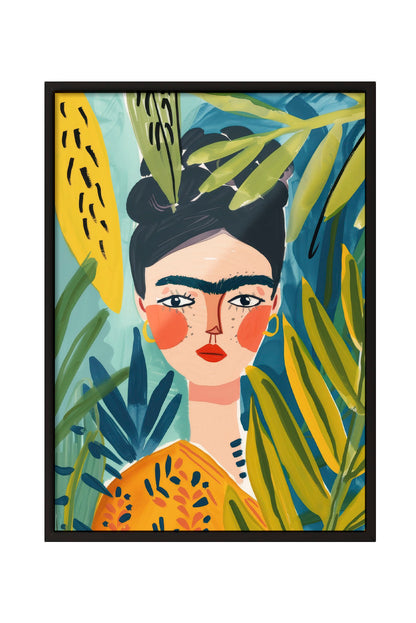 Frida Kahlo tarzı, tropikal yapraklı, renkli kadın portre çerçeveli tablo