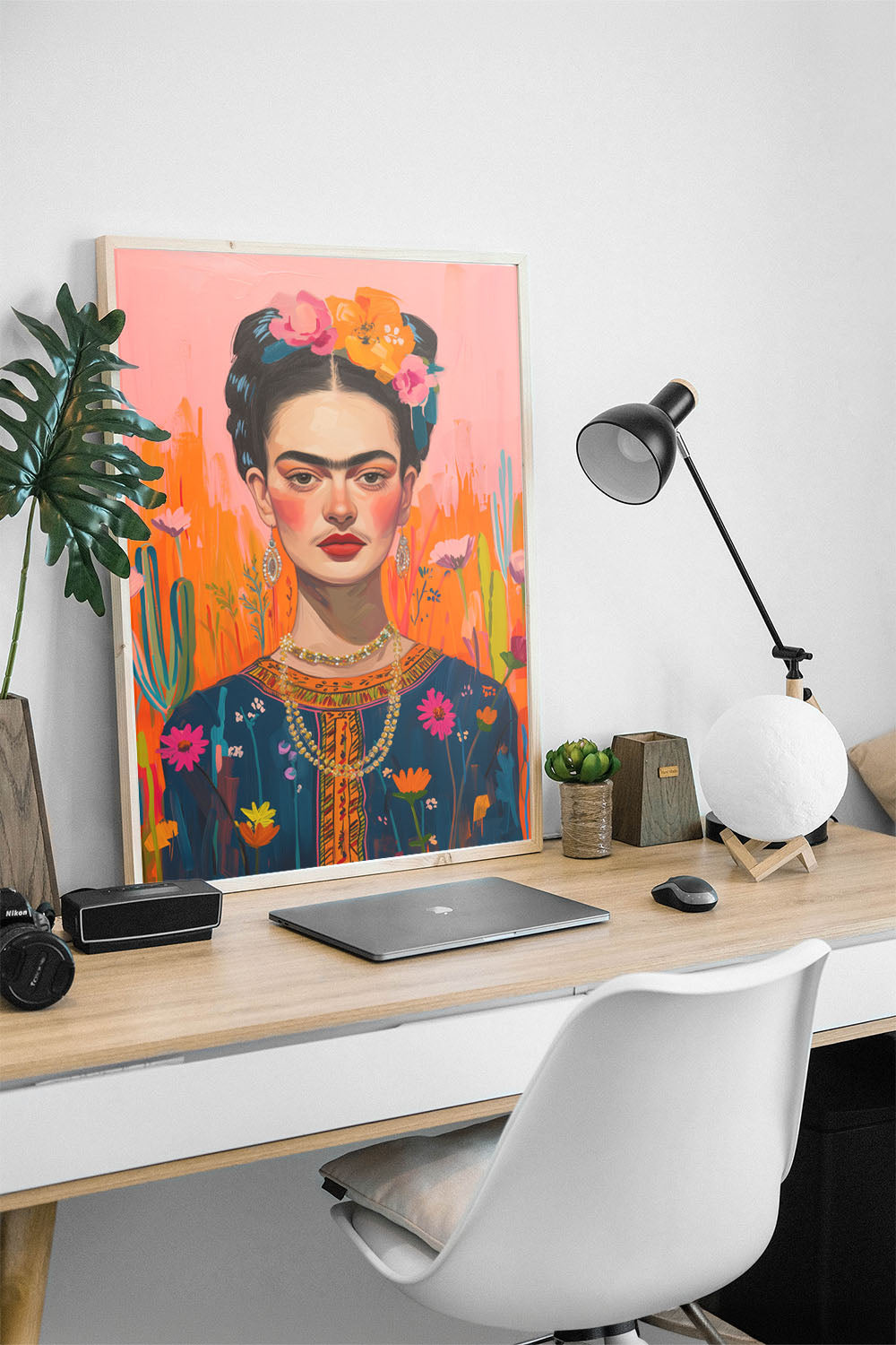 Modern Frida Kahlo portresi, renkli çiçekler ve turuncu pembe arka plan ile siyah çerçeveli tablo