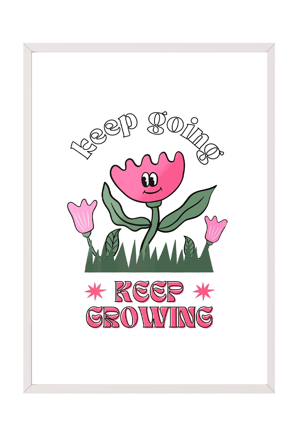 Siyah çerçeveli, beyaz zeminde pembe gülen çiçek, küçük çiçekler ve çimenler ile 'Keep Going' ve 'Keep Growing' yazılı motivasyon posteri.
