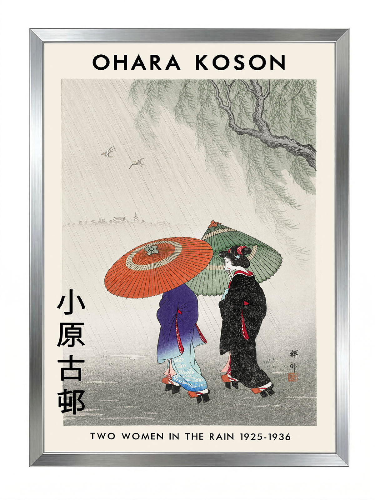Ohara Koson'un 'Yağmurda İki Kadın' adlı, geleneksel Japon Ukiyo-e tarzı sanat posteri.