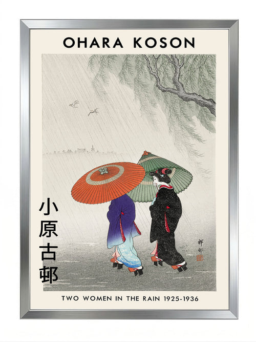 Ohara Koson'un 'Yağmurda İki Kadın' adlı, geleneksel Japon Ukiyo-e tarzı sanat posteri.