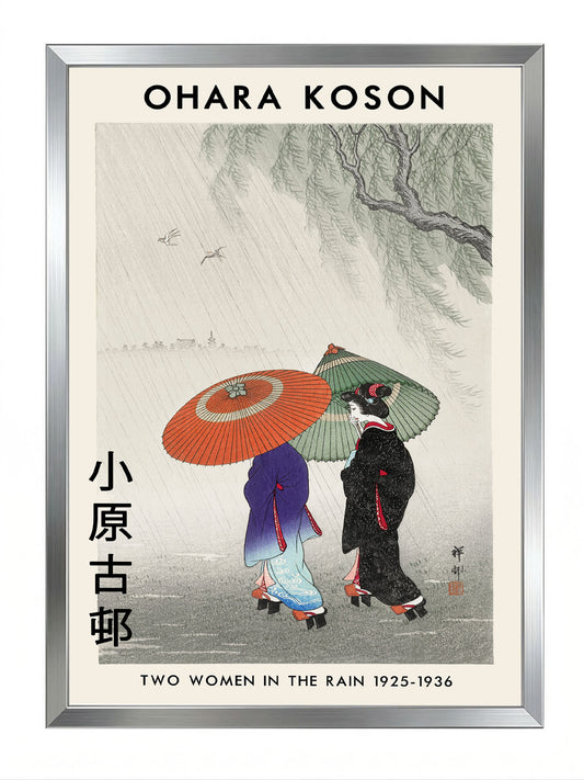 Ohara Koson'un 'Yağmurda İki Kadın' adlı, geleneksel Japon Ukiyo-e tarzı sanat posteri.