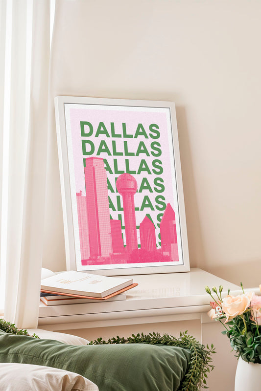 Dallas Cityscape Pink and Green Retro Skyline Poster
