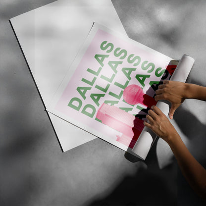 Dallas Cityscape Pink and Green Retro Skyline Poster