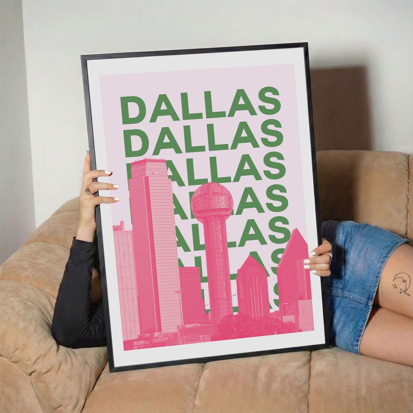 Dallas Cityscape Pink and Green Retro Skyline Poster