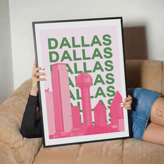 Dallas Cityscape Pink and Green Retro Skyline Poster