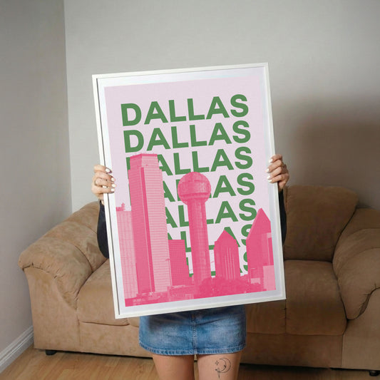 Dallas Cityscape Pink and Green Retro Skyline Poster