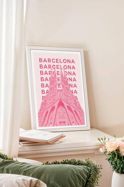 Barcelona Sagrada Familia Pink Retro City Poster