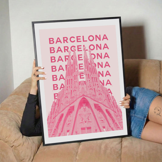 Barcelona Sagrada Familia Pink Retro City Poster