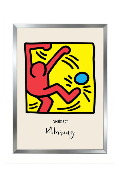 Keith Haring tarzı, kırmızı figürlü, sarı zeminli, mavi küreli modern çerçeveli poster