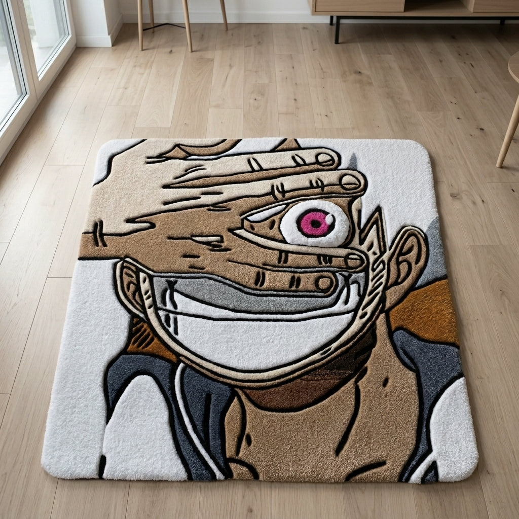 Yüzünü elleriyle kapatmış, maskeli ve pembe gözlü anime karakteri desenli el yapımı tufting halı.