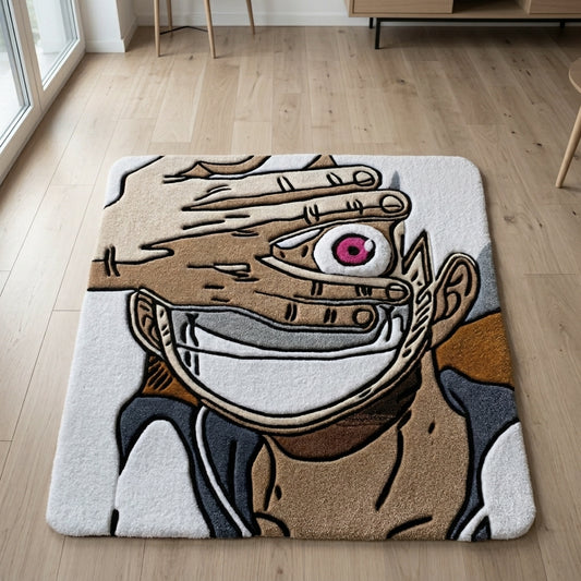 Yüzünü elleriyle kapatmış, maskeli ve pembe gözlü anime karakteri desenli el yapımı tufting halı.