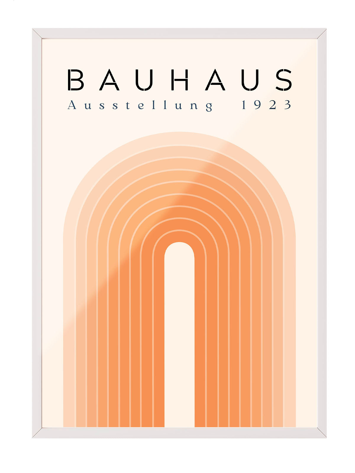 Bauhaus Ausstellung 1923 yazılı, turuncu tonlarında katmanlı kemer deseni içeren modern soyut poster.