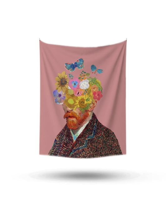 Van Gogh'un yüzü çiçeklerle kaplı, kelebekli, pembe fonlu sanatsal duvar örtüsü